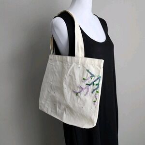 Hand‎ Embroidered Canvas Tote Bag Purple Flowers Unique Gift Idea For Friend NEW